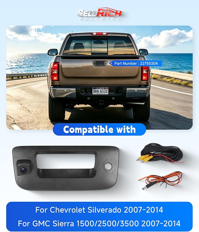 Backup Camera with Tailgate Handle Compatible with 2007-2014 Chevrolet Chevy Silverado,GMC Sierra Truck 1500 2500 3500,Bezel Trim & Lock Cylinder Tailgate Parts #22755304,140° Viewing Angle Waterproof