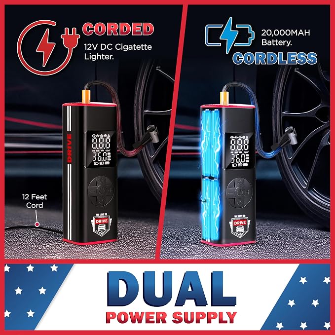 Tire Inflator Portable Air Compressor with LED Light – 12V DC Cordless Air Pump & Auto Shut-Off Function, 150 PSI Electric Air Pump for Car Tires with Digital Tire Pressure Gauge and Car Accessories