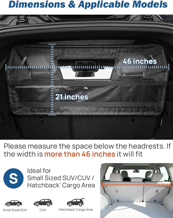 JOYTUTUS 46" Wide Dog Car Barrier with Removable Visual Window, Car Barrier for SUV Escape-Proof, Net for Cargo Area, Vehicle Gate for Dog Travel, Ideal for SUV & CUV & Hatchback‘ Cargo Area