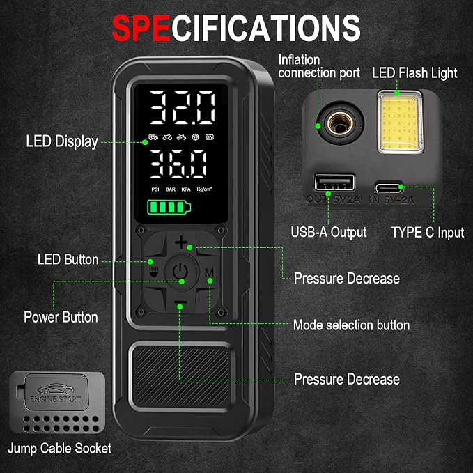 1000A Portable Car Jump Starter with Air Compressor, 150PSI Smart Tire Inflator for Cars, Trucks & SUVs, 12V Battery Booster with LCD, USB-C Fast Charging, LED Emergency Light &