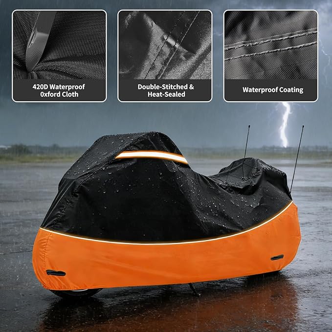 Heavy Duty Waterproof Motorcycle Cover with Side & Top Box Reflective Strips for Harley Ultra Limited Ultra Classic Road Glide Electra Glide, 110" L x 43" W x 55" H,Black & Orange