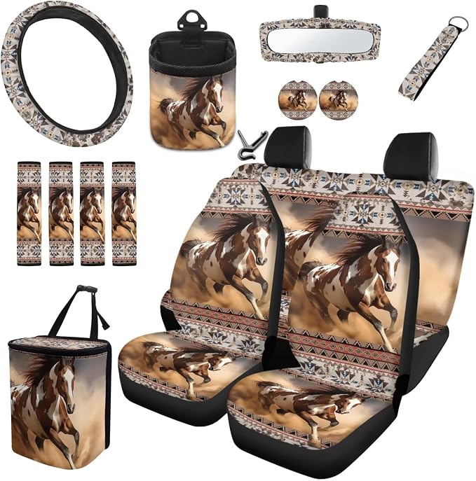 Dreaweet Native American Horse Seat Covers for Cars Full Set Southwestern Tribal Car Accessories Steering Wheel Cover Seat Belt Pads Coasters Trash Bag Air Vent Storage Bag Rearview Mirror Cover