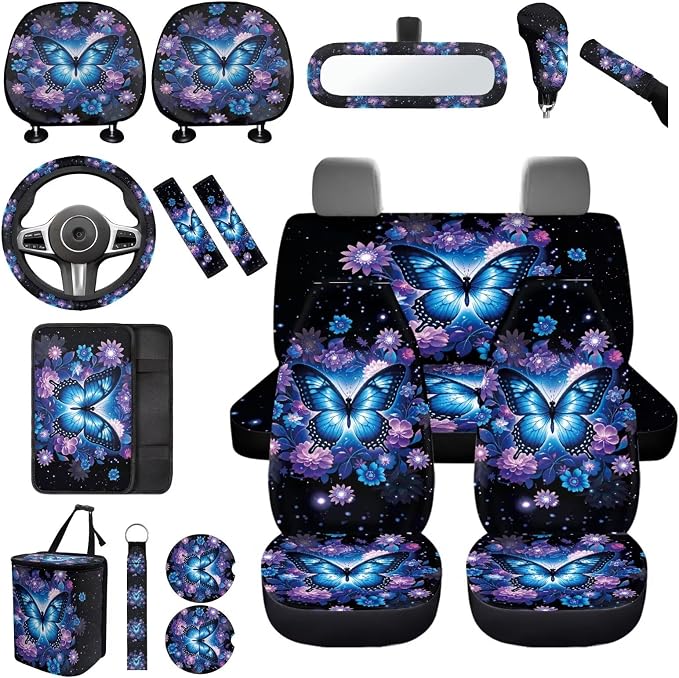 17 Pieces Blue Butterfly Car Seat Covers Sets Full Set with Front and Split Rear Bench Steering Wheel Cover,Butterflies Car Accessories for Women,Auto Seat Belt Cover,Car Headrest Cover