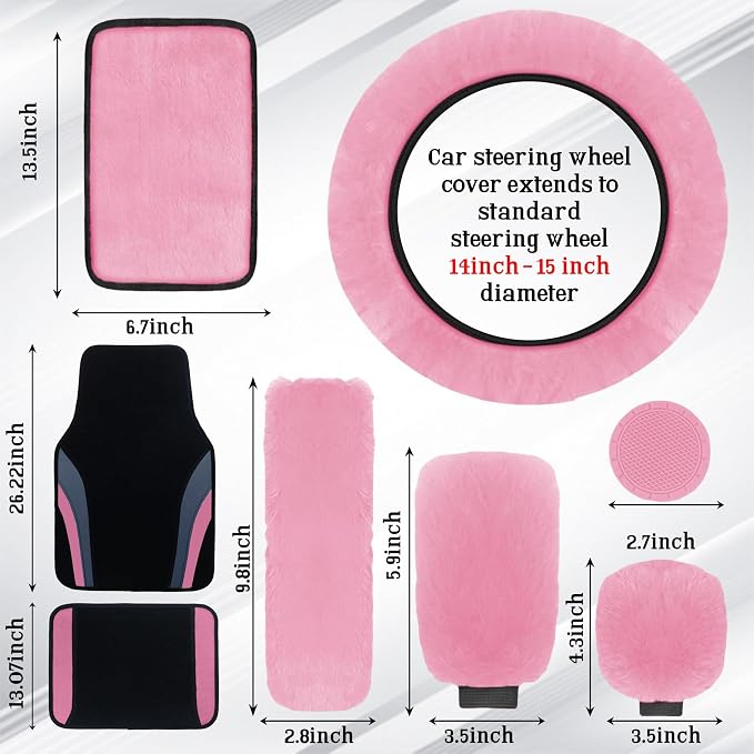 High Back Curved Car Seat Covers,Universal Car Seat Cover Full Set,Plush Steering Wheel Cover,Fit Sedans,Cars,Vans,SUV,Truck (Pink)