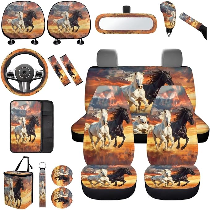 Horse Car Seat Covers Full Set of 17 Pack,Beach Car Aaccessories with Auto Seat Head Rest Protector,Animal Car Trash Can,Center Console Cover,Cup Holder Coasters,Universal Fit Most Car