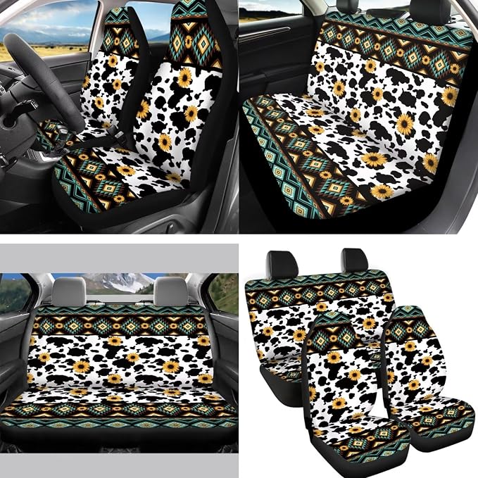 Aztec Cow Sunflower Car Seat Covers Set for Women,Southwestern Tribal Cow Print Car Seat Covers Cowhide Keychain/Steering Wheel Cover/Seatbelt Pads/Coaster/Mirror Cover Full Set of 14
