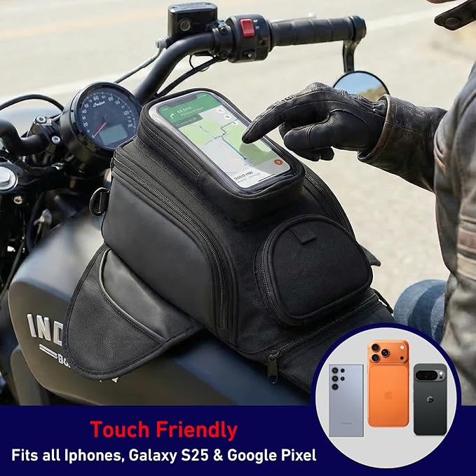Nomad Motorcycle Tank Bag – 4L Heavy Duty Black Gas Tank Bag with Touchscreen Phone Window, Magnetic Universal Fuel Tank Pouch for Cruiser, Sportbike, Touring & Street Bikes