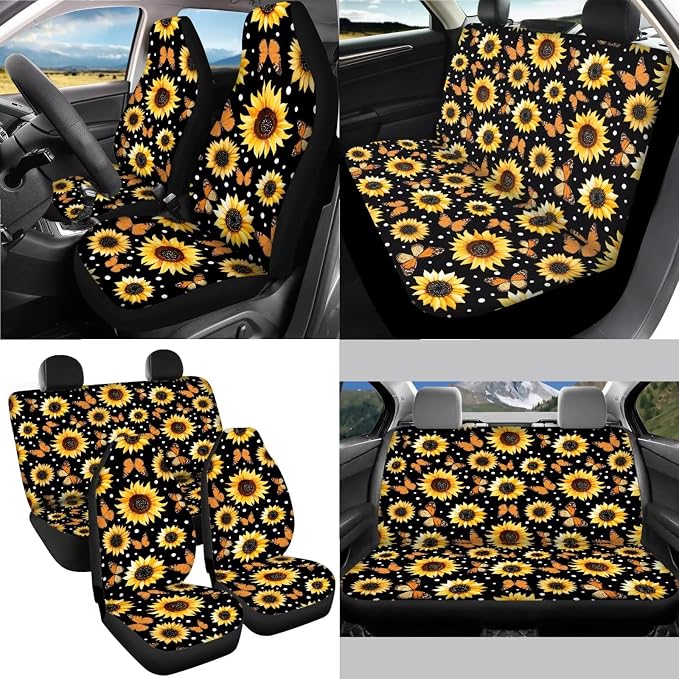 Sunflower Butterfly Dot Print 13 Pieces Car Interior Accessories, Auto Front and Rear Seat Cover Set of 4, 1 Comfort Steering Wheel Cover, 4 Soft Seat Belt Cover, 4 Cup Holder Coasters