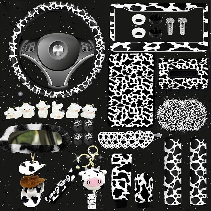 29 PCS Cow Pattern Car Accessories,Including Dashboard Decoration,Rearview Mirror Decoration,Etc,Suitable for Sedans,SUVS and Other Models,Cute Car Interior Sets Suitable for Women (Black)