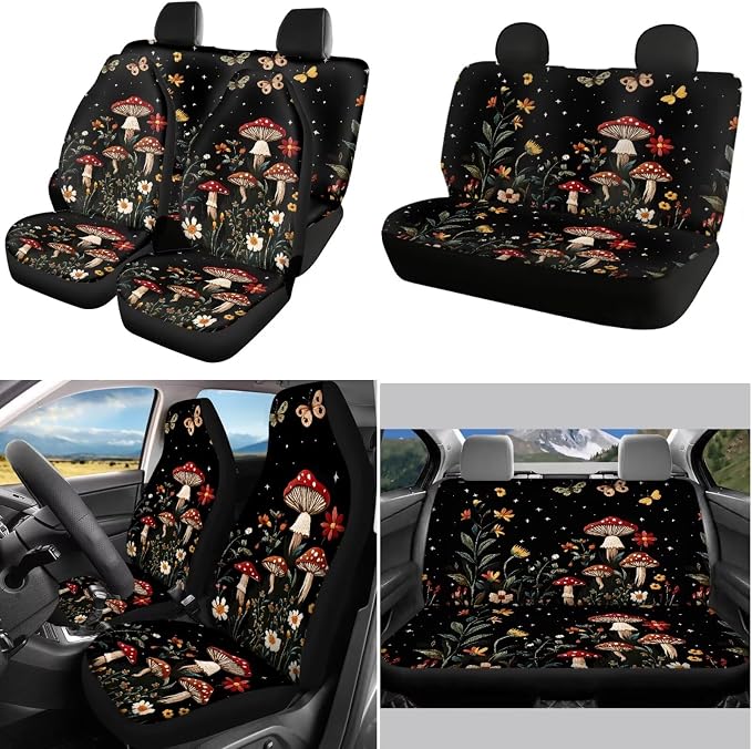 POLERO Cottagecore Moth Mushroom Seat Covers Set for Cars Floral Steering Wheel Cover Set 11Pcs Dark Botanical Seat Belt Pads Cute Car Interior Coasters Keychains