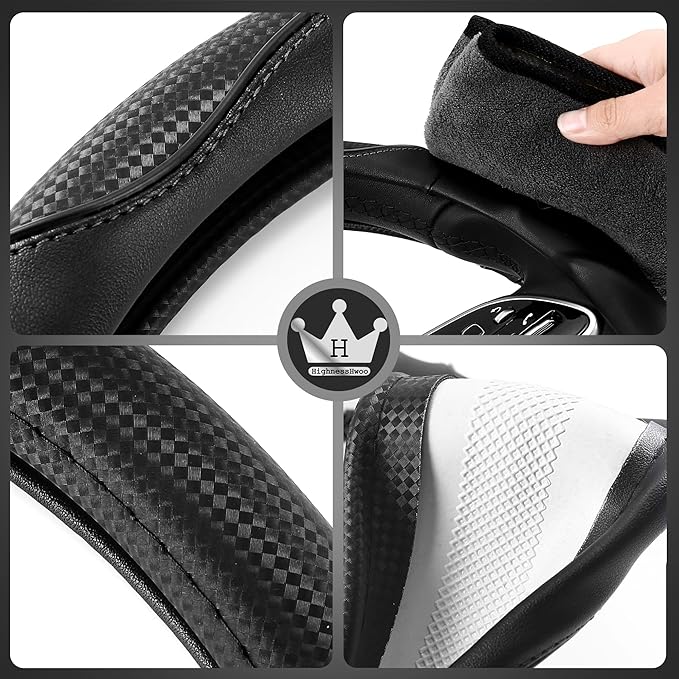 HighnessHwoo 3D Car Steering Wheel Cover Comfort Grip Massage Sporty Anti-Slip Carbon Fiber Faux Leather for Sedan SUV, Universal Fit, Car Handle Covers for All Seasons, 14.75-15.15in, Black