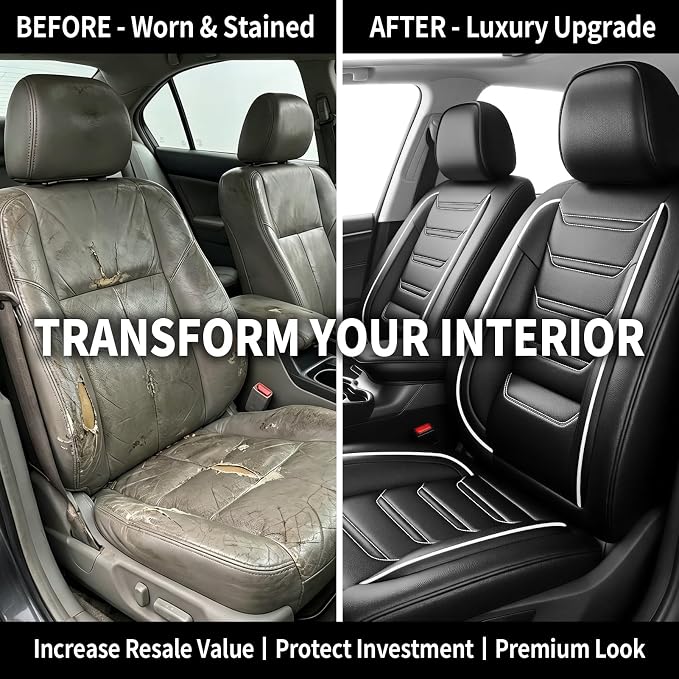 Fit ATS Car Seat Covers (Front Pair) for Select Cadillac ATS 2013-2018, Premium Full Coverage Leather, Airbag Compatible, Scratch-Resistant, Waterproof, All Weather Seat Protector, Black+White