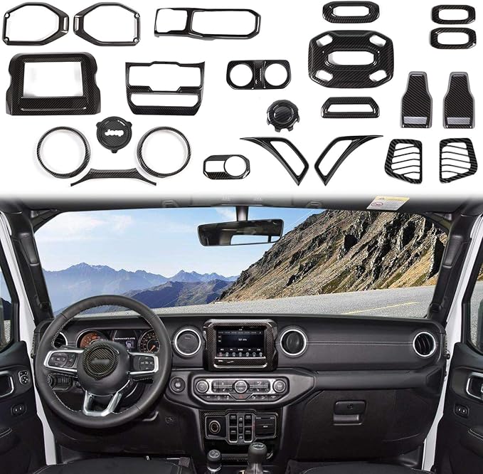 RT-TCZ for Jeep JL Dash Carbon Fiber Interior Trim Cover for Jeep Wrangler JL JLU 2018-2023 Carbon Fiber Interior Exterior Accessories 24pcs(for 7 in Display)