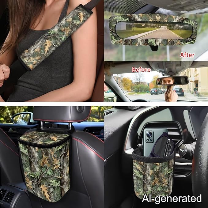 Dreaweet Camo Hunting Seat Covers for Cars Full Set Universial Steering Wheel Cover Seat Belt Pads Trash Bag Vent Storage Pouch Rear View Mirror Cover Car Coasters Keychain 15 Pcs Set