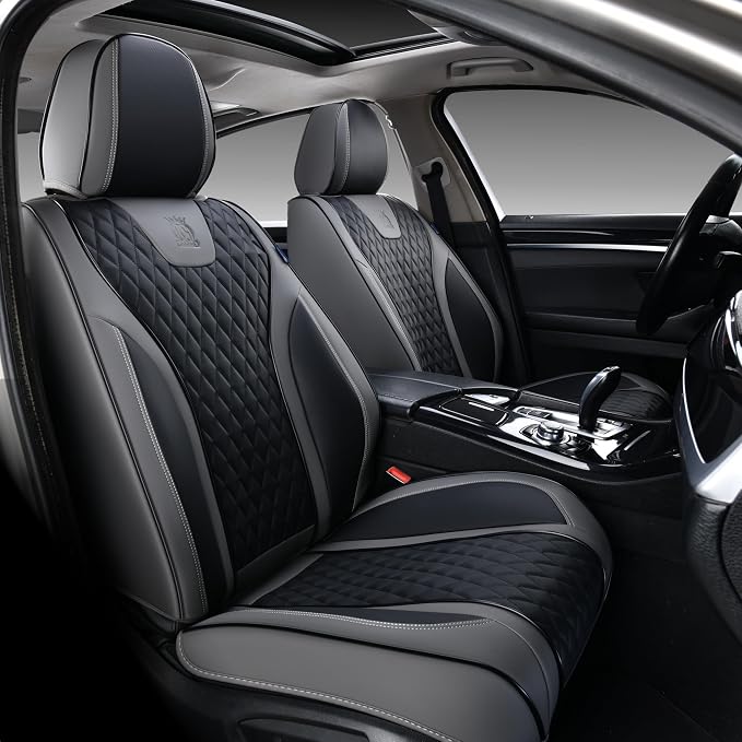 Doogo Leather Seat Covers, Automotive Seat Covers 2PCS,Waterproof Front Seat Cover for Cars, Luxury Leatherette Car Seat Cushion, Gray Seat Covers for Sedan SUV Pick-up Truck (Gray&Black,Front Pair)