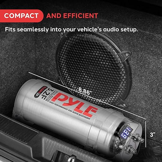 Pyle 3.2 Farad Digital Power Capacitor, High-Performance Car Audio Capacitor, LED Display, Electronic Polarity Protection, Over Voltage Protection, Includes Mounting Hardware and Post Kits, 2.9"x9.7"