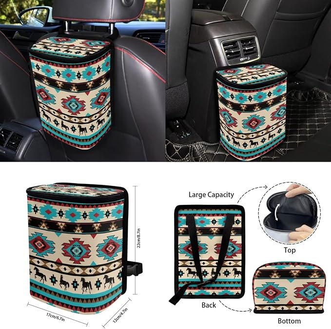 Tribal Geo Car Accessories Car Seats Cover Protector, Steering Wheel Covers, Seatbelt Cover, Car Trash Can, Cup Coasters, Rearview Mirror Cover, Keychains, Pack of 15
