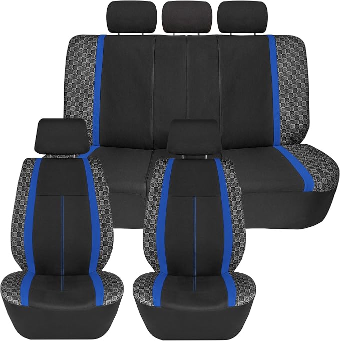 Blue Polyester Car Seat Covers - Full Set for Car, SUV, Van - Universal Fit Inside Including Front & Split Rear, Airbag Compatible, Machine Washable
