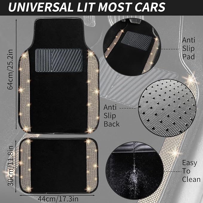 NBTEPEM 12 Pcs Bling Car Accessories Set for Women Car Floor Mats Full Set Steering Wheel Cover Seat Belt Covers Coasters Universal Fit Car SUV Truck Van Champagne