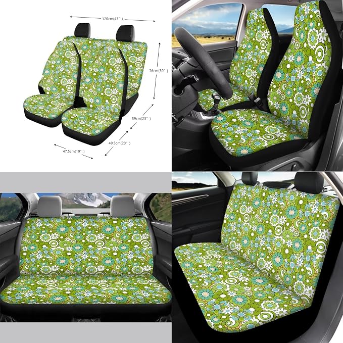 Green Hippie Flowers Pattern Car Accessories Car Seat Covers Full Set with Steering Wheel Covers+Seat Belt Pads+Coasters+Keychain+Lipstick Holder Universal Fit(13 Pack)