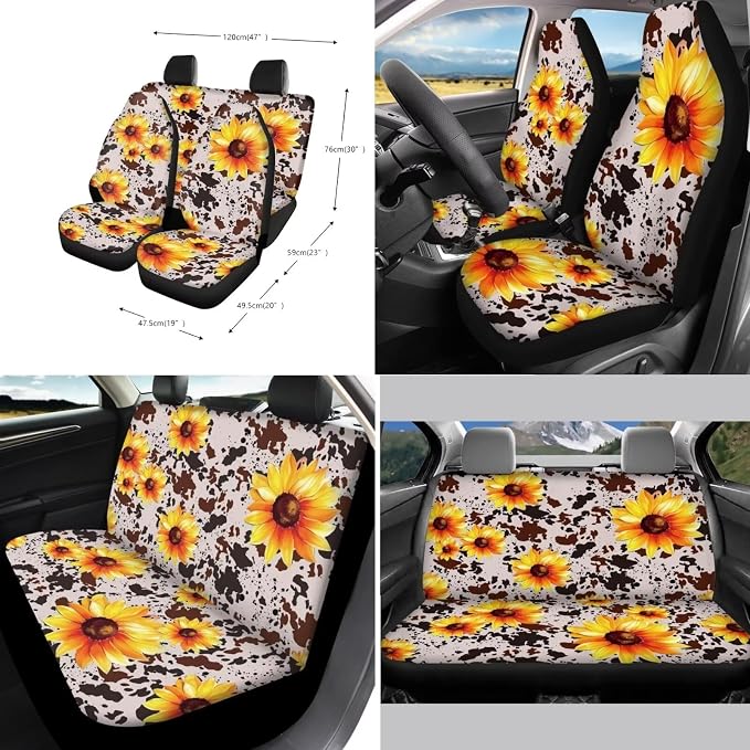 Xoenoiee Sunflower and Cow Skin Print 11 Pcs Universal SUV Car Seat Covers Auto Interior Accessories Full Set with Steering Wheel Covers, Seat Belt Pads, Key Chain, Car Cup Mat