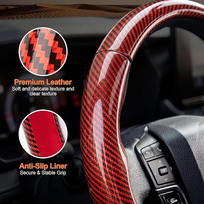 West Llama 3 Piece Carbon Fiber Steering Wheel Cover, 14.5-15 Inch 3 Pc Auto Car Steering Wheel Cover Universal Fit for 99% Cars, SUVs, Trucks(Glossy Red)