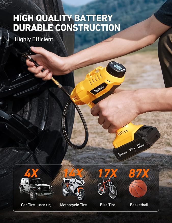 AstroAI Cordless Tire Inflator and AstroAI AC to DC Converter 10A/120W/7.78FT