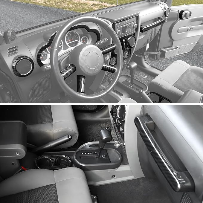 Jimen Fit for Jeep Wrangler JKU 4 Door 2007-2010, 22PCS Carbon Fiber Interior Kits - Dashboard Cover, AC Vent Ring, Window Button Switch Panel, Inner Door Handle Cover, Cup Holder Frame