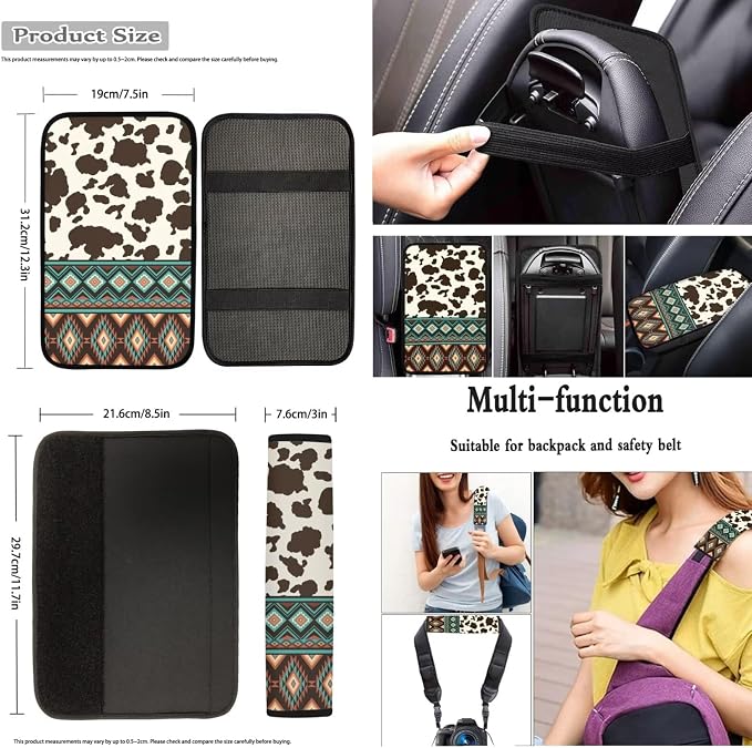 Dreaweet Aztec Cow Car Seat Covers Full Set for Women,Southwestern Car Accessories Interior,Native American Steering Wheel Cover with Center Console Cover,Seat Belt Pads,Car Coasters,Gear Shift Cover