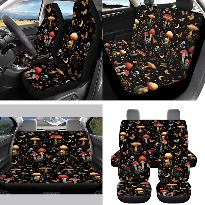 Moon Mushroom Car Seat Covers Set of 15 with Universal Steering Wheel Cover, Rearview Mirror Cover, Car Trash Can, Seatbelt Pads, Cup Holder Coasters, Keychains