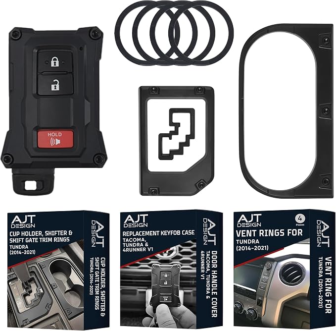 AJT DESIGN Compatible Toyota Tundra Interior Bundle | Fits 2014-2021 Models | Matte Black Chrome Delete (Cup Holder, Gear Shifter & Shift Gate Trim Rings), Vent Rings and Key Fob Case | Made in USA