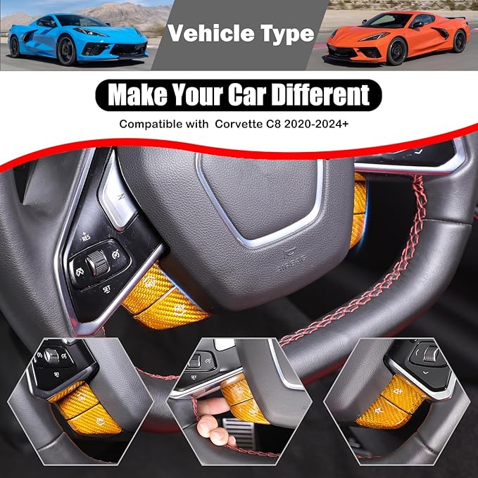 Dry Carbon Fiber Central Control Steering Volume Button Cover Compatible with Corvette C8 2020-2025 Accessories 4Pcs Center Consoles Steering Button Panel Sticker Decorative Interior Trim (Yellow)