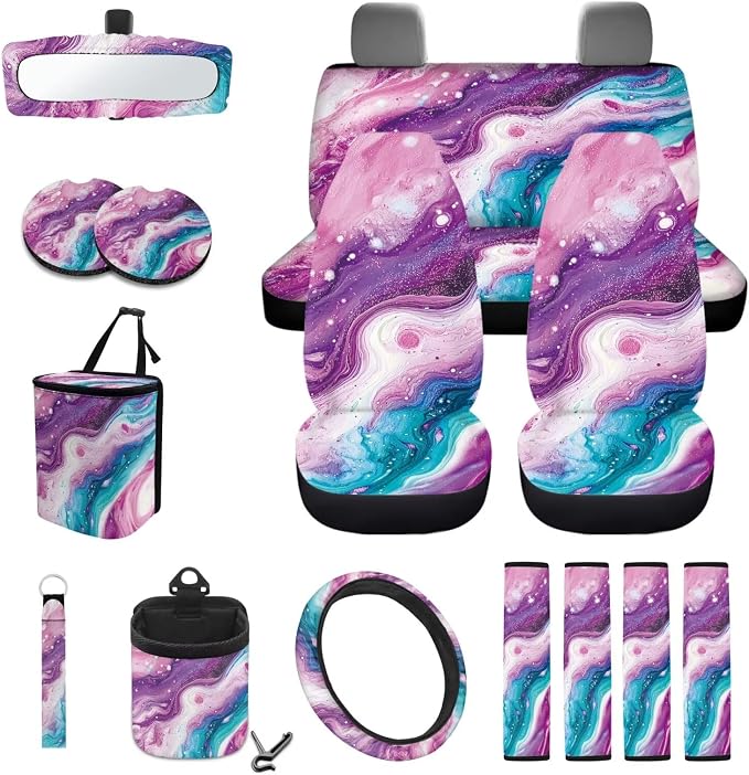 Marble Pattern 15 Pieces Car Seat Cover Steering Wheel Cover, Seat Belt Strap Wrap Cover Car Trash Can Cup Holders Keychain Air Vent Bag for Truck Vans Sedans