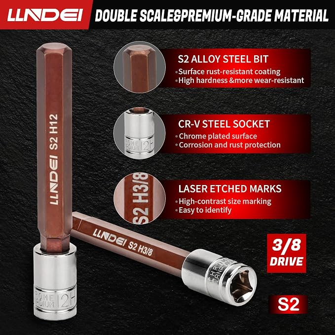 LLNDEI 19PCS 3/8-Inch Drive Extra Long Allen Hex Bit Socket Set &48PCS 3/8" Drive Impact Socket Set