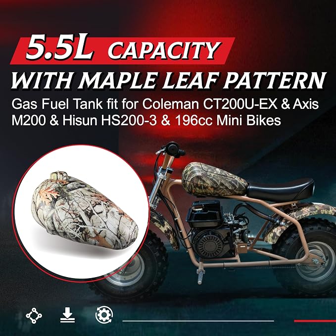 Gas Fuel Tank fit for Coleman CT200U-EX for Axis M200 for Hisun HS200-3 & 196cc Mini Bikes 5.5L capacity with Maple Leaf Pattern