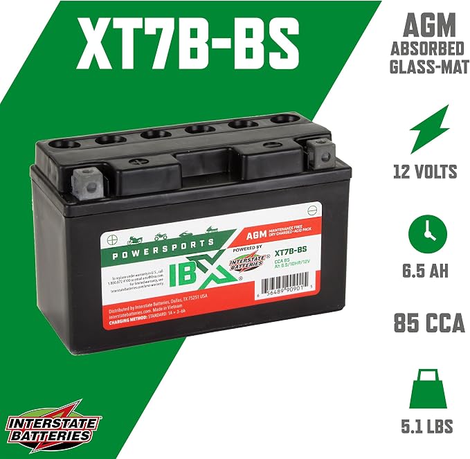 Interstate Batteries YT7B-BS 12V 6.5Ah Powersports Battery 85CCA AGM Rechargeable Replacement for Ducati, Suzuki, Yamaha, Motorcycles, Scooters, ATVs, Bikes (XT7B-BS)