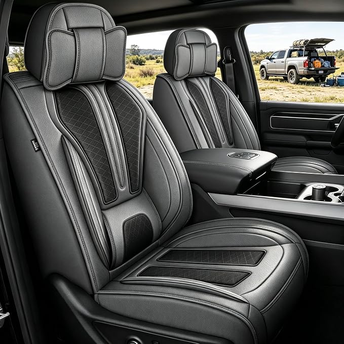 TTX LIGHTING Seat Covers Fit for Dodge RAM 2012-2025 2026: Compatible with RAM 1500 2500 3500 Crew Quad Regular Cab Full Set Pickup Truck Seat Covers(Flat Bench, 5 Seats, Black & Grey)