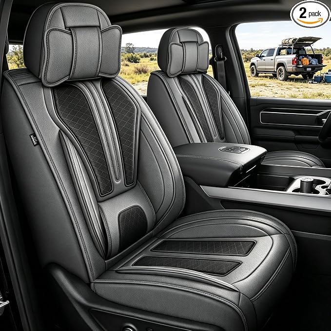 TTX LIGHTING Seat Covers Fit for Dodge RAM 2012-2025 2026: Compatible with RAM 1500 2500 3500 Crew Quad Regular Cab Front Pickup Truck Seat Covers(Curved Bench, 2PCS Front, Black & Grey)