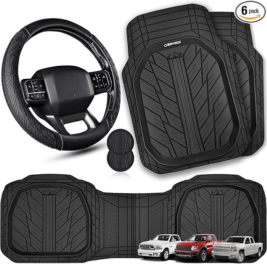 CAR PASS Rubber Leather Steering Wheel Cover Large-Size 15.5-16 Inches Fit for Truck SUV Large Car Ram F150 Tundra 4Runner Tacoma, XXL Heavy Duty Deep-Dish Car Floor Mats, Trim-to-Fit Car Mat Black