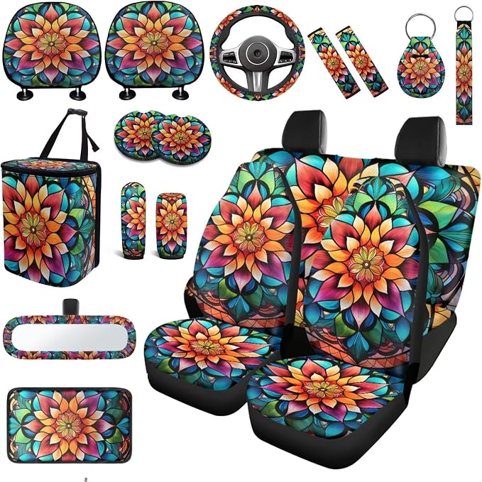 Mandala Lotus Car Seat Covers Full Sets 18 Pieces Hippie Print Car Interior Accessories Sets Car Headrest Covers Seatbelt Covers Steering Wheel Wrap Car Trash Can Universal Fit Most Vehicle