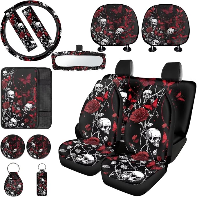 Skull Rose Printed Car Seat Cover Full Set with Steering Wheel Covers Butterfly Auto Seat Belt Pads Car Armrest Pad Car Rear View Mirror Protector Universal Fits, Black and Red