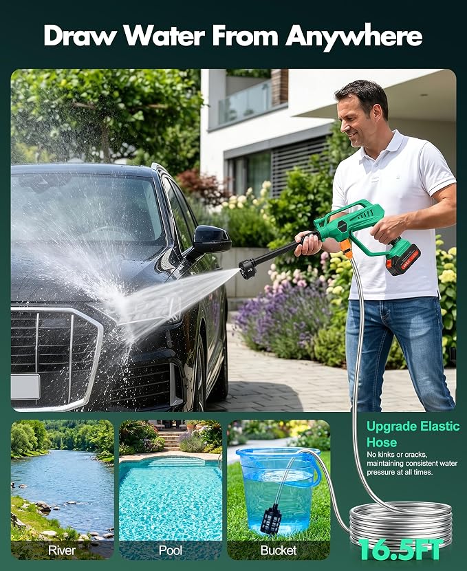DeeprClean Cordless Car Washer with 6-in-1 Nozzle, Portable Vehicle Cleaning Tool with Brushless Motor |3 Adjustable Levels & Battery Display | Lightweight Spray Tool for Car, Patio Outdoor Use-Green