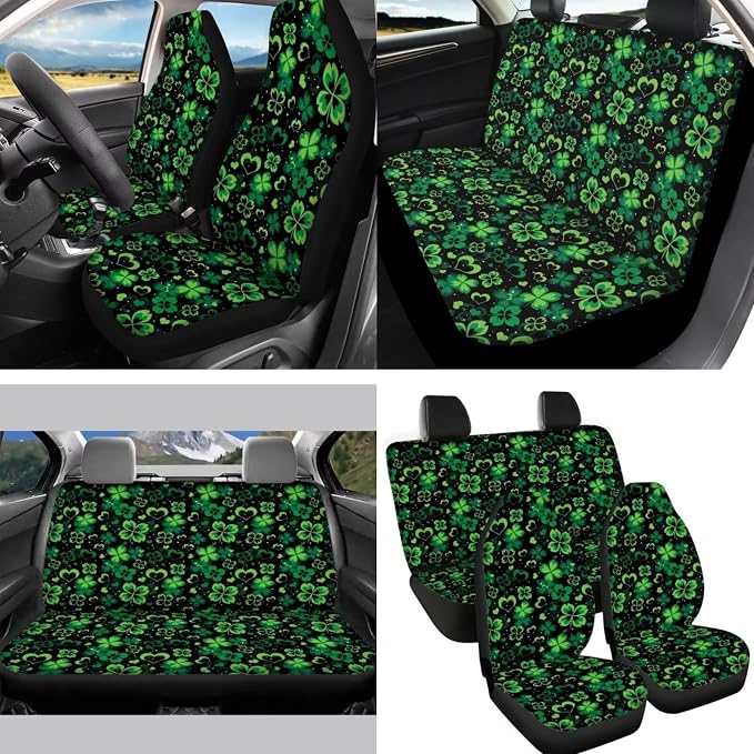 Green Car Accessories 14Pcs Love Heart Green Leaves Car Seat Covers Full Sets St Patrick Day Decorations for Most Vehicle Truck Gift,Universal Steering Wheel/Seatbelt/Key/Mirror Cover/Coaster