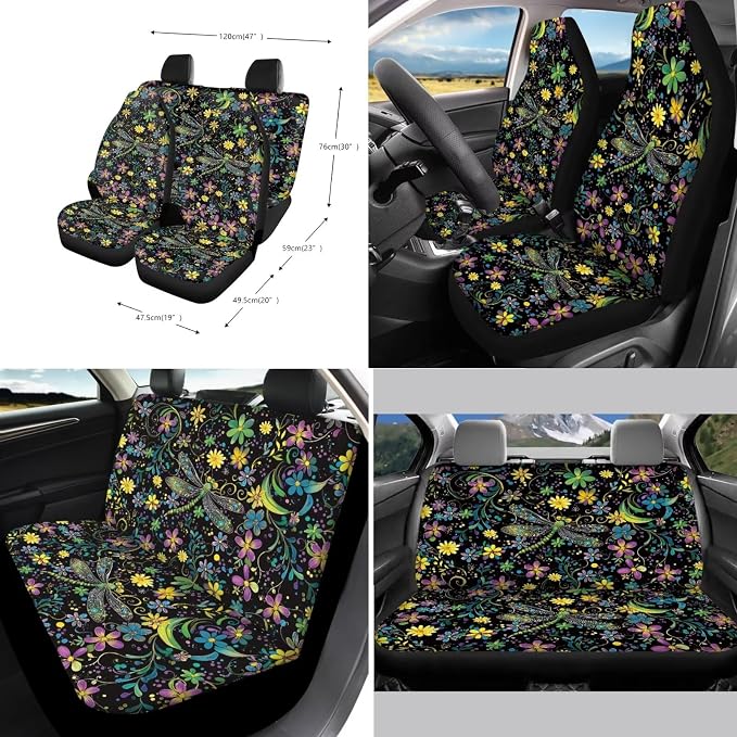 Xoenoiee Dragonfly Boho Floral Print 11 Pack Car Seat Cover Front & Rear Seat Cover SUV Car Full Set with Steering Wheel Cover + Seat Belt Cover+ Cup Coasters+ Key Chains Universal Fit