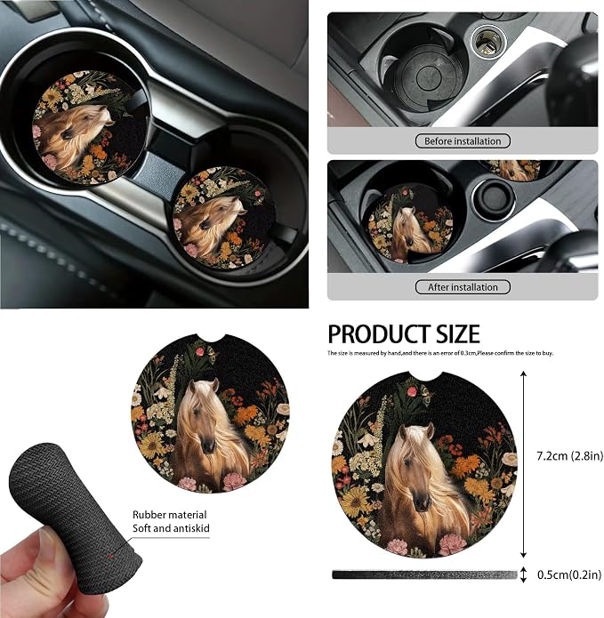Horse Floral Print 15 PCS Car Front Back Seat Covers Set, Steering Wheel Cover Seatbelt Strap Pad Trash Cans Rear View Mirror Cover Air Vent Storage Bag Cup Coasters Keychain Universal Fit