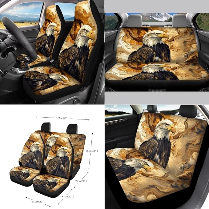 Marble Eagle Car Front Back Seat Covers Full Set with Steering Wheel Cover Safe Belt Pads Cup Coasters Garbage Cans Rear View Mirror Cover Keychain Air Vent Storage Case, Set of 15