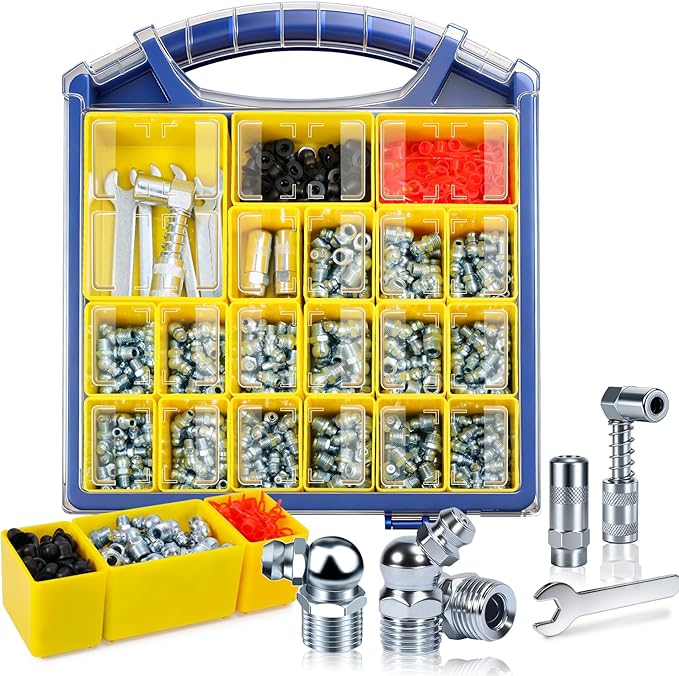 OURU Grease Fittings Assortment Kit with DIY Tool Storage Box Organizer, 300PCS SAE & Metric Grease Zerk (Straight/45°/90°) with Standard & 90° Couplers, Dust Caps & 7-11mm Wrench Set for Grease Gun