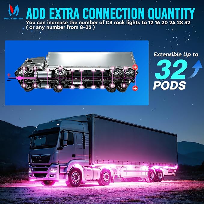 MICTUNING C3 RGBW Rock Lights 12 Pods with Wiring Switch Kit | Expandable to 32 pods, MagicLink APP Control, 160° Wide Beam, IP68 Waterproof Multi-Color Neon Underglow Lights