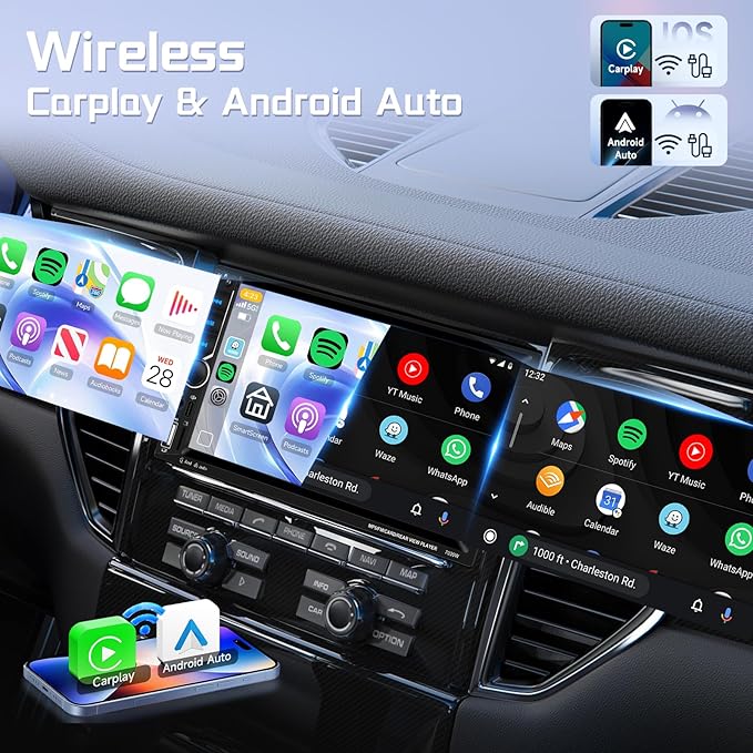 Rimoody Double Din Wireless Carplay Car Stereo Android Auto, 7 Inch Touch Screen 2 Din Car Radio with Mirror Link Bluetooth FM EQ SWC Dual USB Fast Charge Support Backup Camera