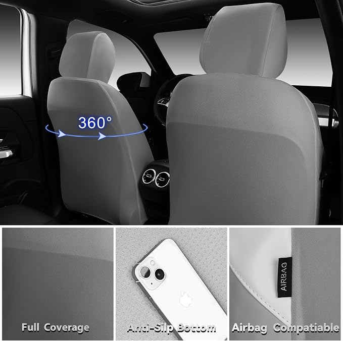 CAR PASS Memory Foam Leather Front Seat Covers, Waterproof Nappa Leather Seat Covers Front Seats Universal Fit for Cars,SUV,Truck Seat Covers Thick 3D Foam Comfortable, Airbag Compatible Gray White